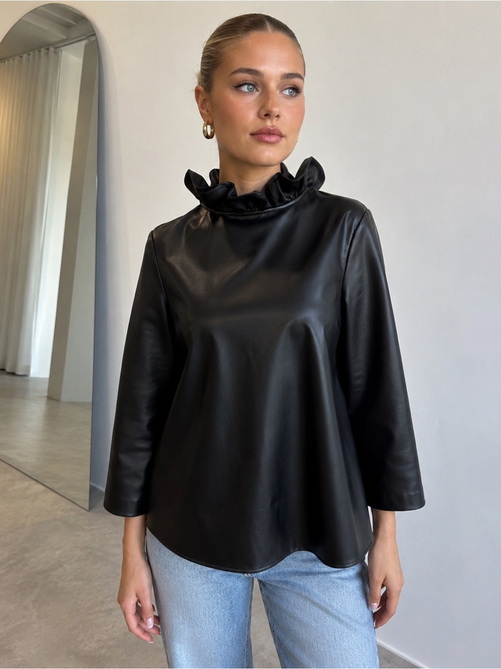 NWT Tucknuck Faye Faux Leather Blouse Size Small